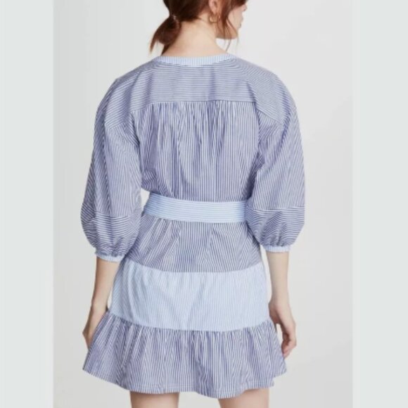 Parker Jenna Striped Ruffle Mini Dress Belted Tunic Coastal Medium Shirtdress - Picture 3 of 12